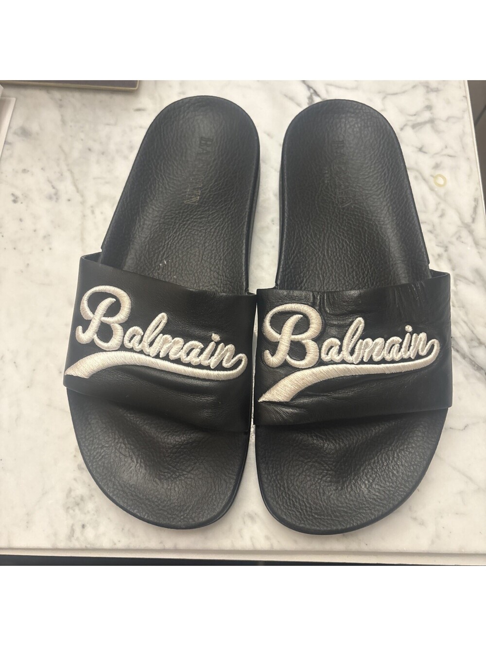 Balmain Women’s Black & White Logo Strap Slide Sandals Slip On EU 40, US 9